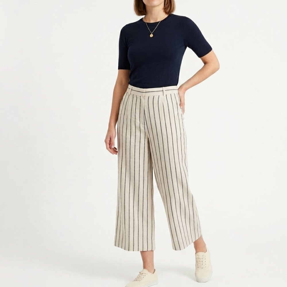 Joie Linen Blend Pants White + Black Pin Stripe Wide Leg Crop Summer
